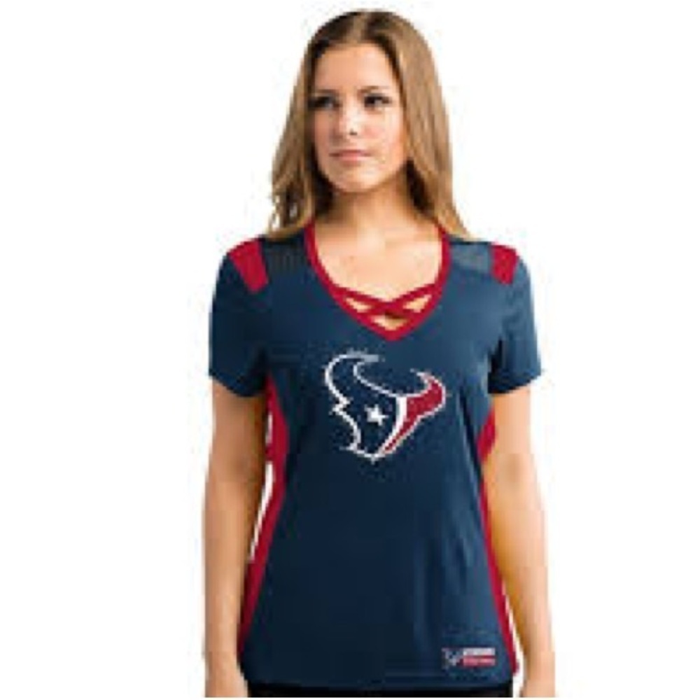 282 - Houston Texans Majestic EUC Blue and Red Fitted Jersey, Size Large